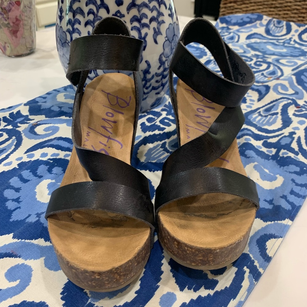 Black leather wedge heel sandal